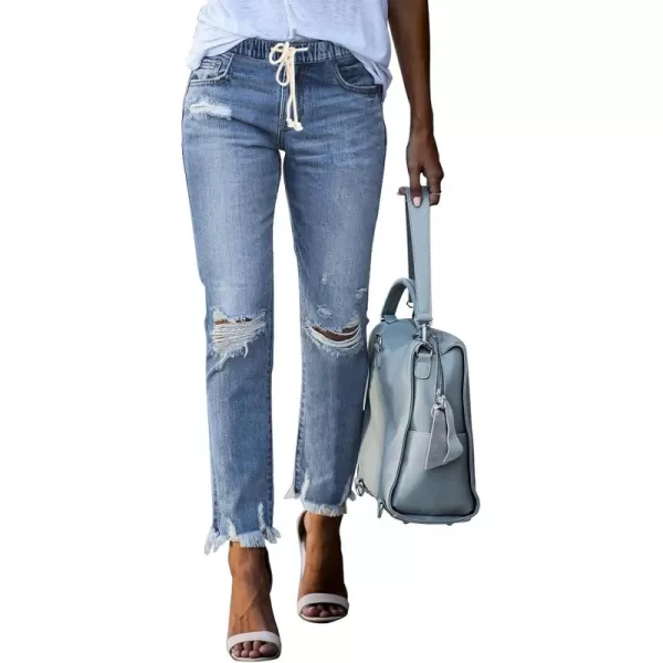 Sidefeel Womens Cargo Jeans High Waisted Ripped Denim Joggers Elastic Drawstring Waist Pants Pull On TrousersY1 Sky Blue