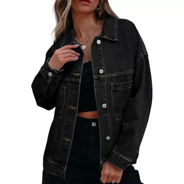 Sidefeel Womens Denim Jean Jackets Casual Long Sleeve 2024 Fall Outfits Oversized Jean Coat with PocketsBlack