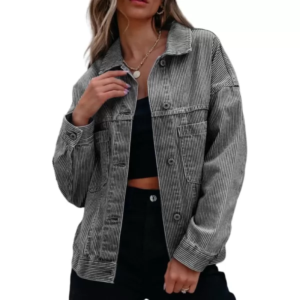 Sidefeel Womens Denim Jean Jackets Casual Long Sleeve 2024 Fall Outfits Oversized Jean Coat with PocketsBlack Stripe