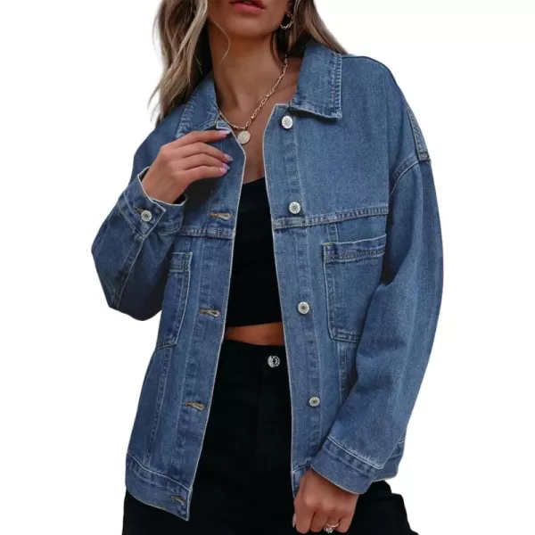 Sidefeel Womens Denim Jean Jackets Casual Long Sleeve 2024 Fall Outfits Oversized Jean Coat with PocketsDark Blue