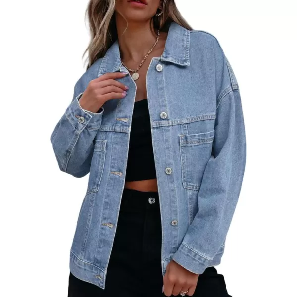 Sidefeel Womens Denim Jean Jackets Casual Long Sleeve 2024 Fall Outfits Oversized Jean Coat with PocketsLight Blue