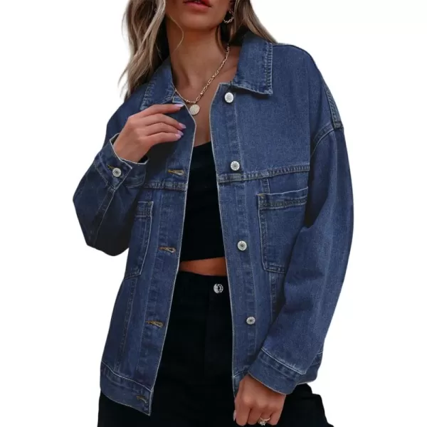 Sidefeel Womens Denim Jean Jackets Casual Long Sleeve 2024 Fall Outfits Oversized Jean Coat with PocketsNavy Blue