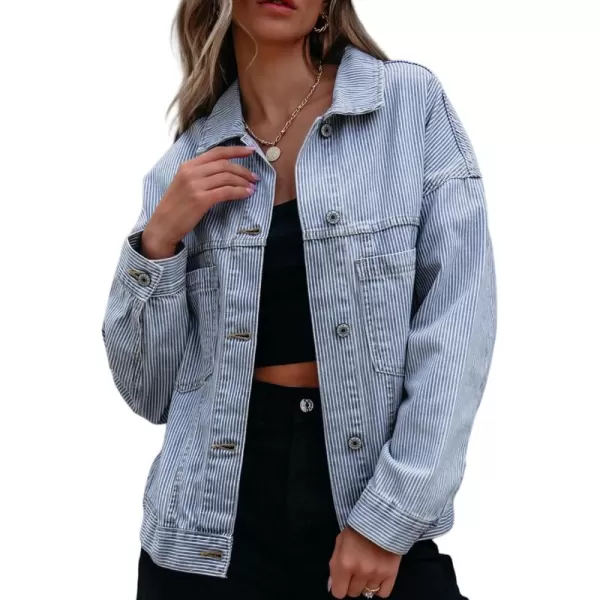 Sidefeel Womens Denim Jean Jackets Casual Long Sleeve 2024 Fall Outfits Oversized Jean Coat with PocketsSky Blue Stripe