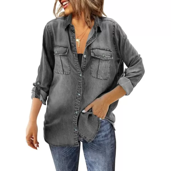 Sidefeel Womens Denim Tops Long Sleeve Shacket Jackets Button Down Collared Jean Shirt Medium Black