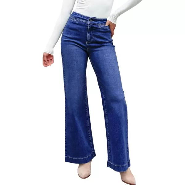 Sidefeel Womens High Waist Flare Jeans Baggy Stretchy Wide Leg Denim PantsBluing