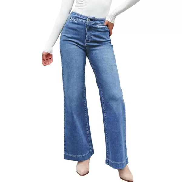 Sidefeel Womens High Waist Flare Jeans Baggy Stretchy Wide Leg Denim PantsLight Blue