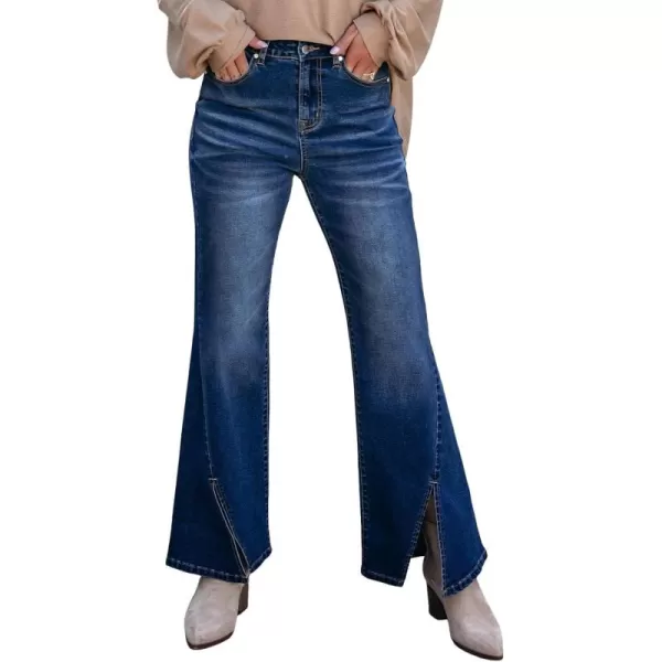 Sidefeel Womens Jeans Trendy Fall 2024 High Waisted Stretchy Flare Jeans Wide Leg Bell Bottom Slit Hem Ankle Denim PantsDark Blue