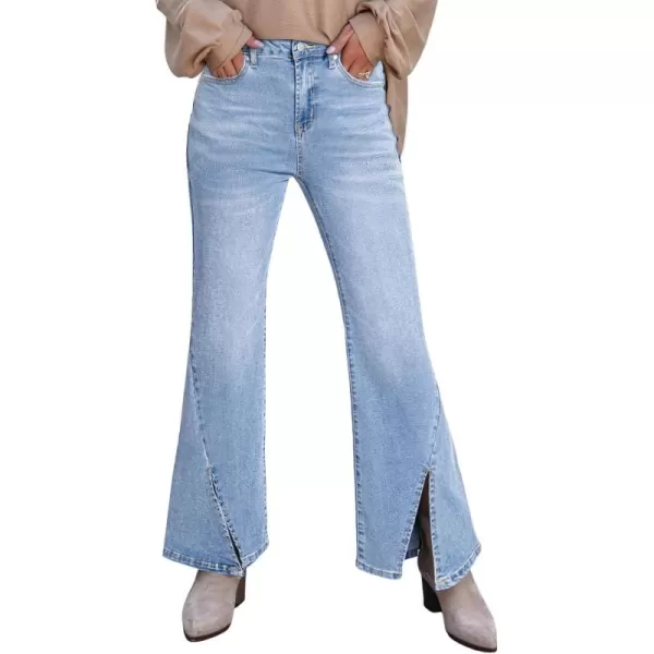 Sidefeel Womens Jeans Trendy Fall 2024 High Waisted Stretchy Flare Jeans Wide Leg Bell Bottom Slit Hem Ankle Denim PantsLight Blue