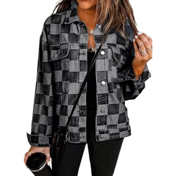 Sidefeel Womens Oversized Denim Jacket Casual Plaid Pockets Jean Jacket Autumn SpringBlack