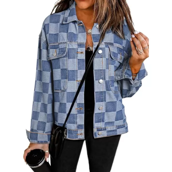 Sidefeel Womens Oversized Denim Jacket Casual Plaid Pockets Jean Jacket Autumn SpringLight Blue
