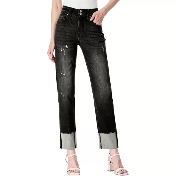 Sidefeel Womens Ripped Cuffed Jeans High Waisted Boyfriend Straight Leg Denim PantsBlack