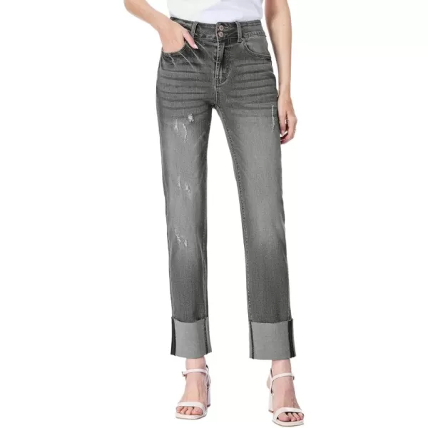 Sidefeel Womens Ripped Cuffed Jeans High Waisted Boyfriend Straight Leg Denim PantsGray