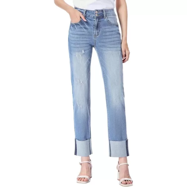 Sidefeel Womens Ripped Cuffed Jeans High Waisted Boyfriend Straight Leg Denim PantsLight Blue