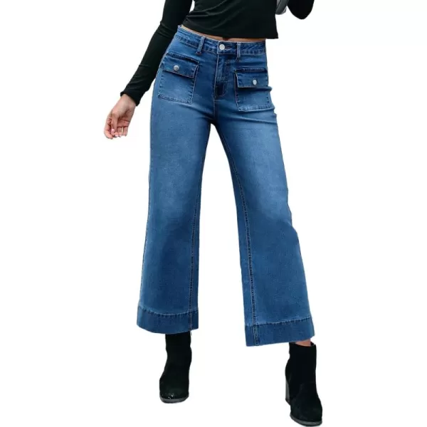 Sidefeel Womens Straight Leg Jeans High Waisted Stretchy Wide Leg Denim Pants with Patch PocketsBluing