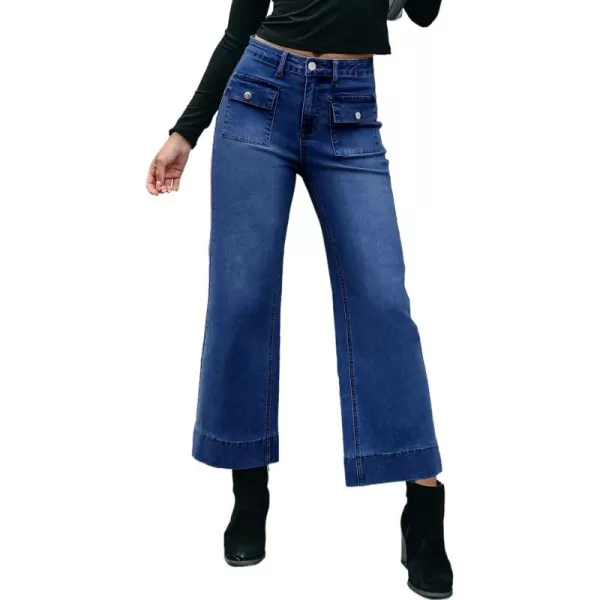 Sidefeel Womens Straight Leg Jeans High Waisted Stretchy Wide Leg Denim Pants with Patch PocketsDark Blue