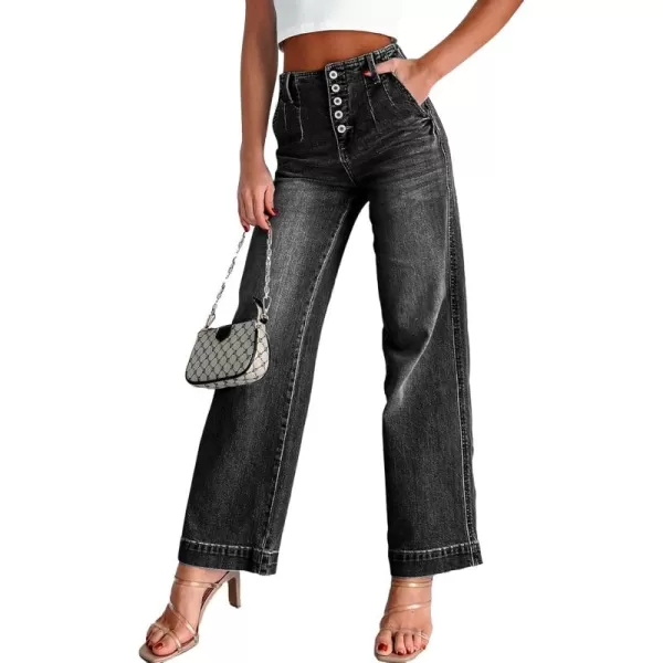 Sidefeel Womens Wide Leg Jeans High Waisted Button Fly Stretchy Straight Legs Denim PantsBlack