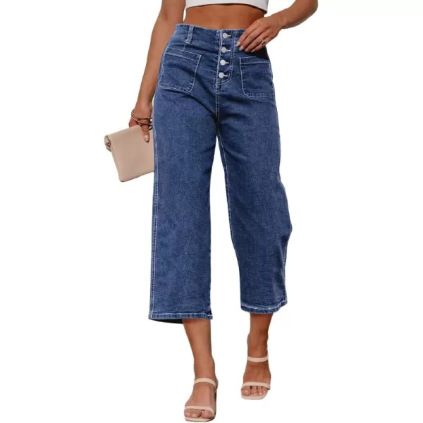 Sidefeel Womens Wide Leg Jeans High Waisted Stretchy Capri Pants Loose Denim PantsDark Blue