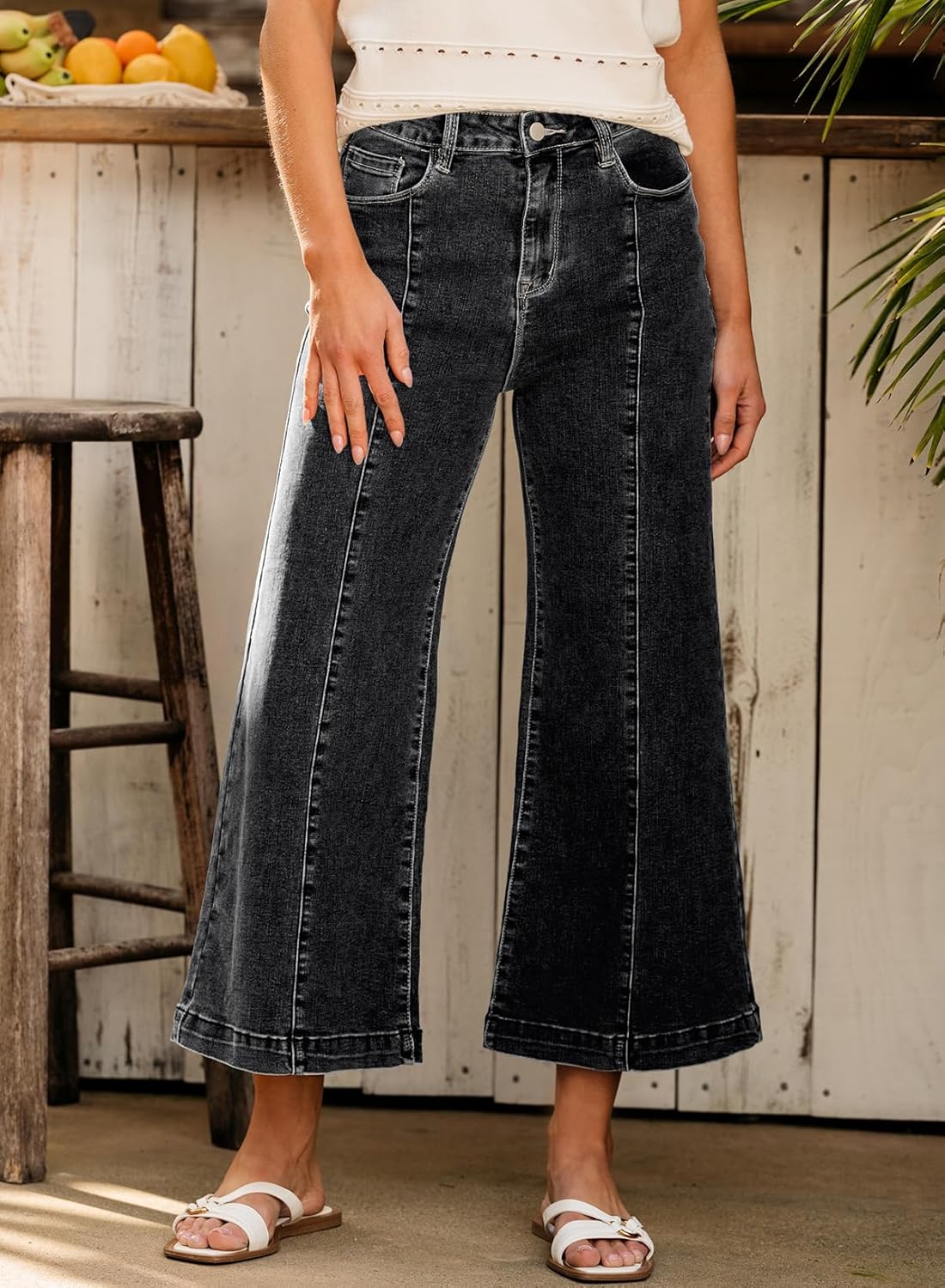 Sidefeel Womens Wide Leg Jeans High Waisted Stretchy Barrel Denim PantsBlack