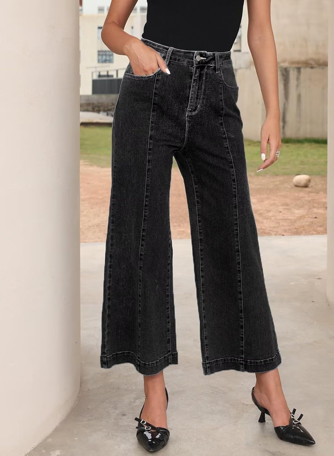 Sidefeel Womens Wide Leg Jeans High Waisted Stretchy Barrel Denim PantsBlack