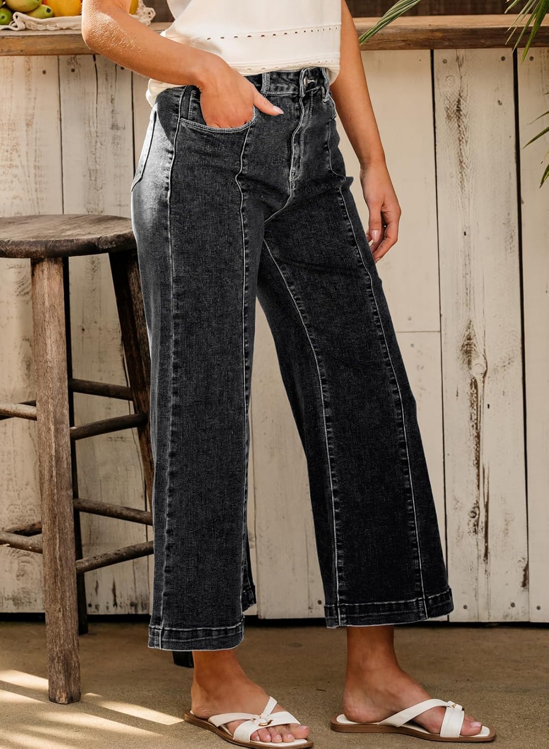 Sidefeel Womens Wide Leg Jeans High Waisted Stretchy Barrel Denim PantsBlack