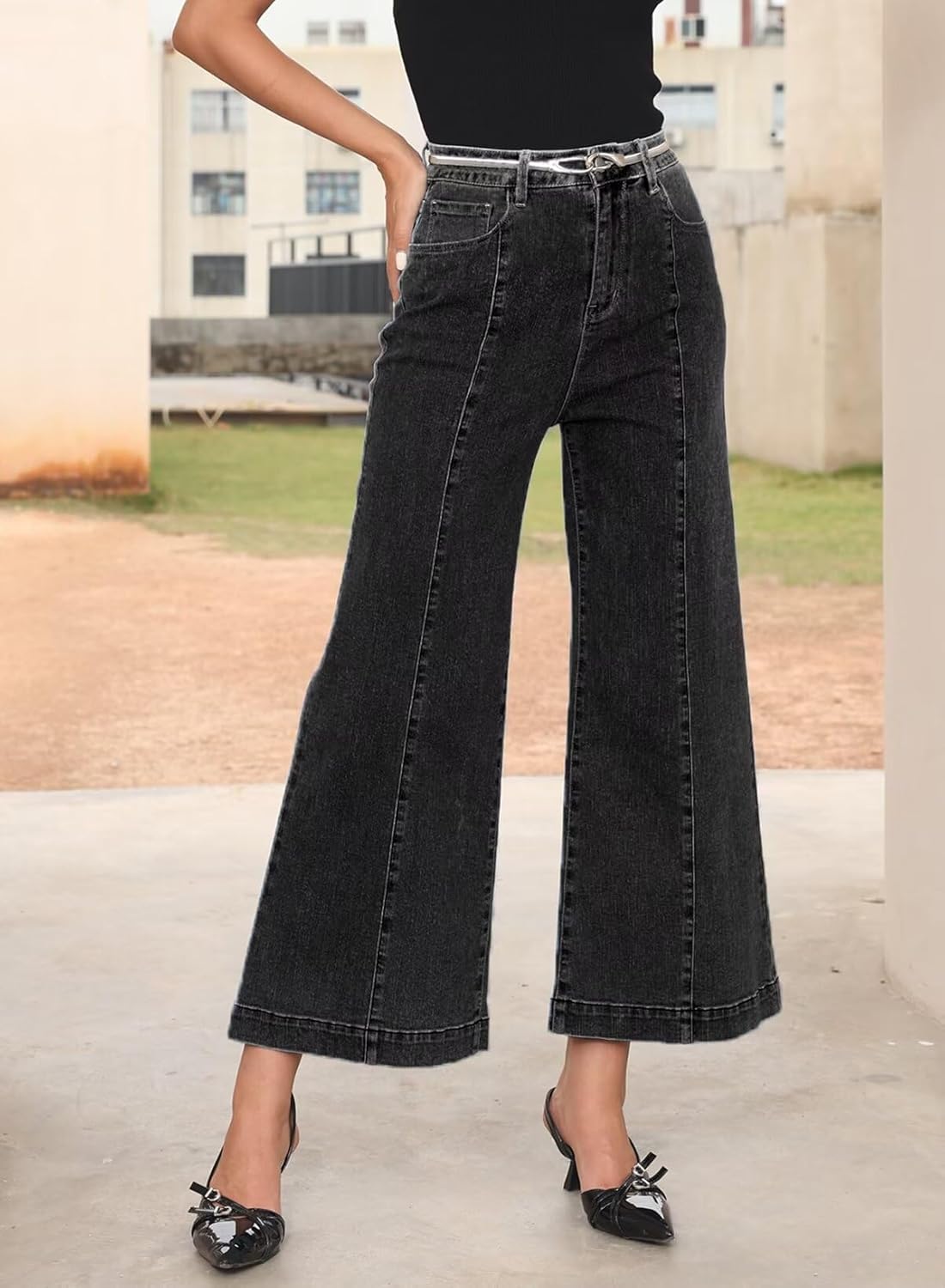 Sidefeel Womens Wide Leg Jeans High Waisted Stretchy Barrel Denim PantsBlack