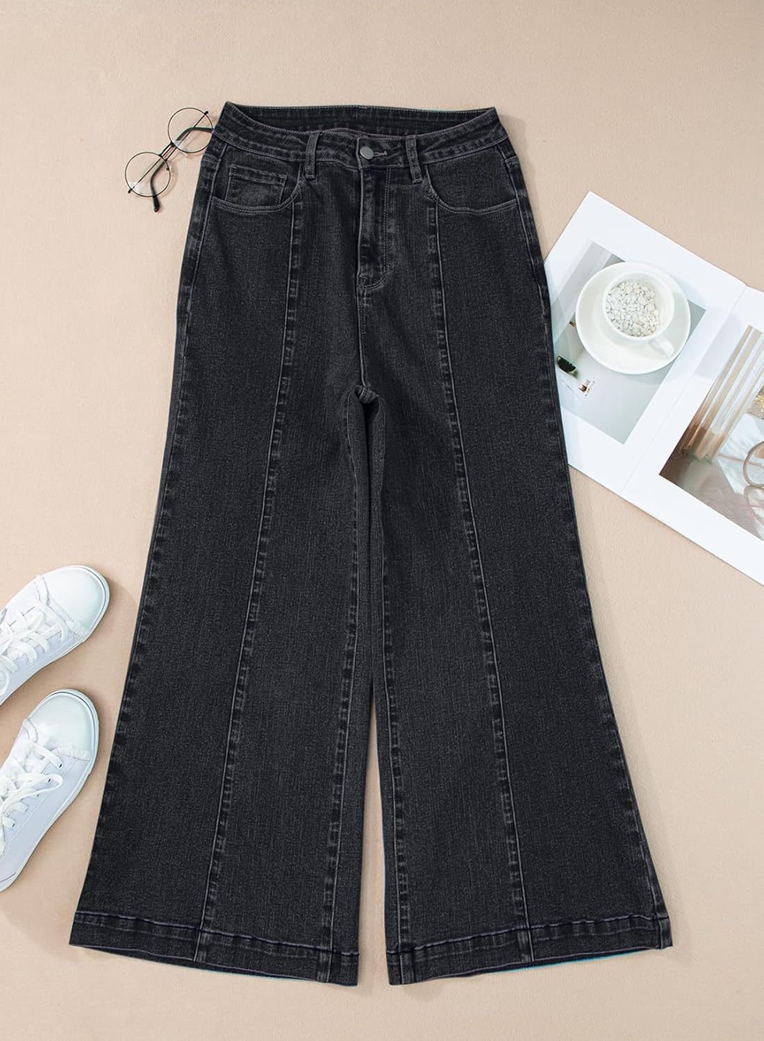 Sidefeel Womens Wide Leg Jeans High Waisted Stretchy Barrel Denim PantsBlack