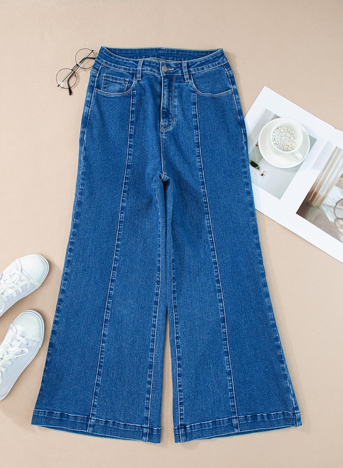 Sidefeel Womens Wide Leg Jeans High Waisted Stretchy Barrel Denim PantsBlue