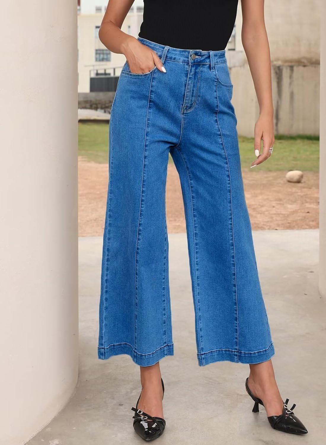 Sidefeel Womens Wide Leg Jeans High Waisted Stretchy Barrel Denim PantsBlue