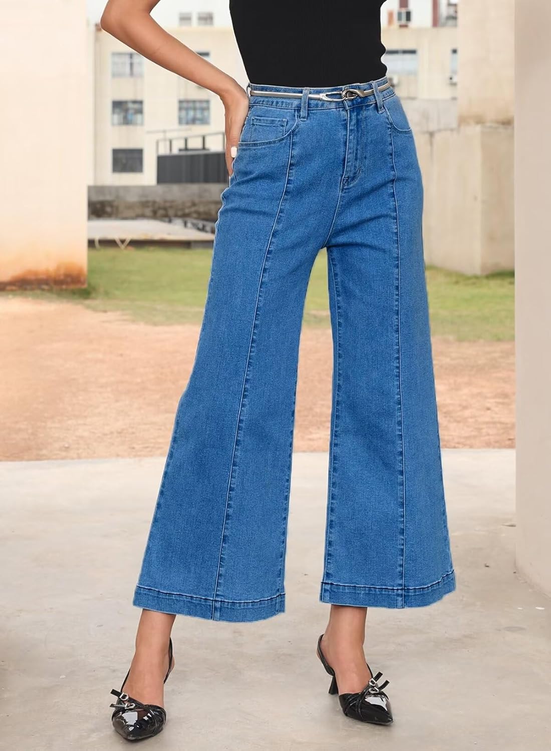 Sidefeel Womens Wide Leg Jeans High Waisted Stretchy Barrel Denim PantsBlue
