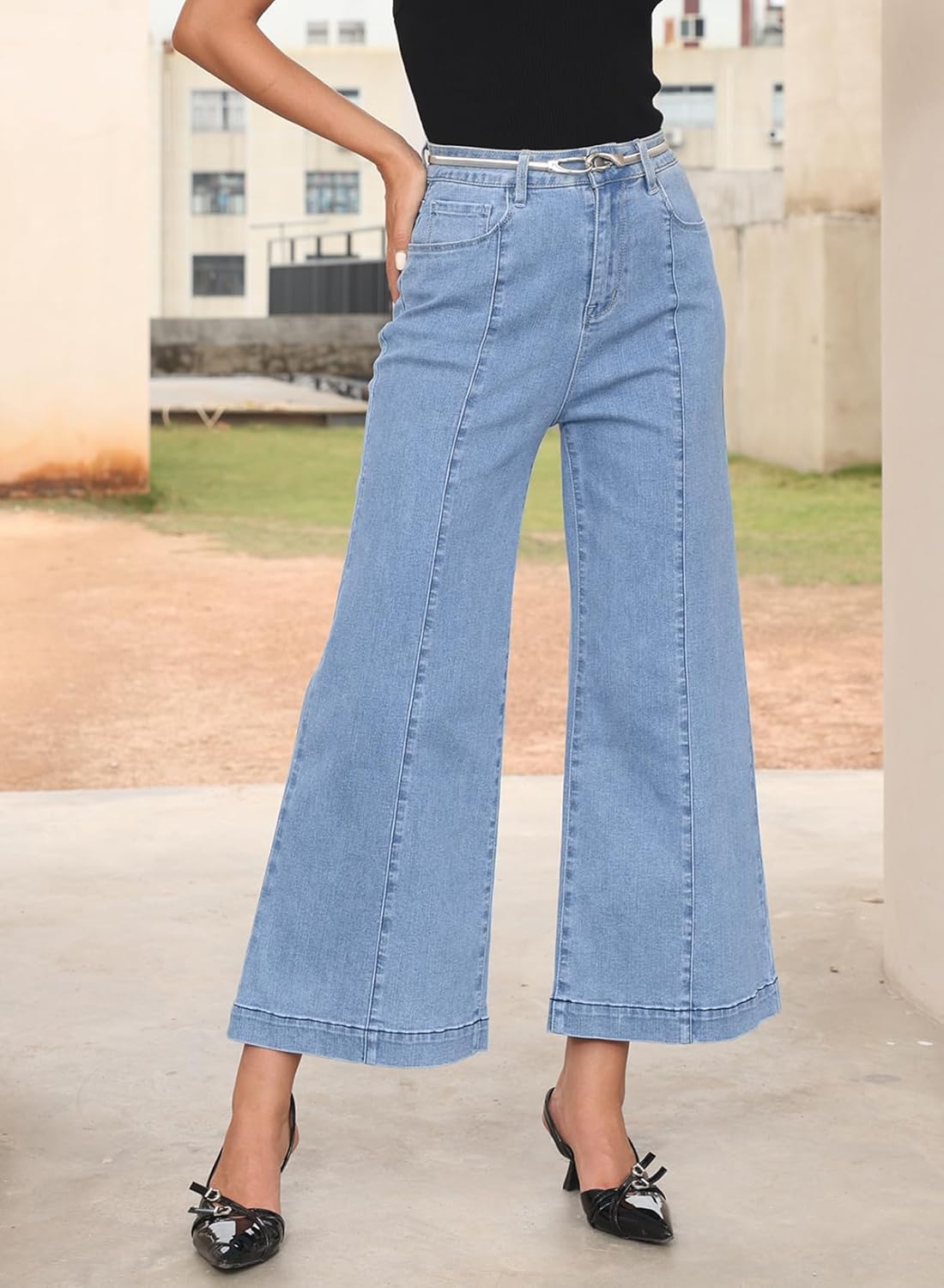 Sidefeel Womens Wide Leg Jeans High Waisted Stretchy Barrel Denim PantsLight Blue