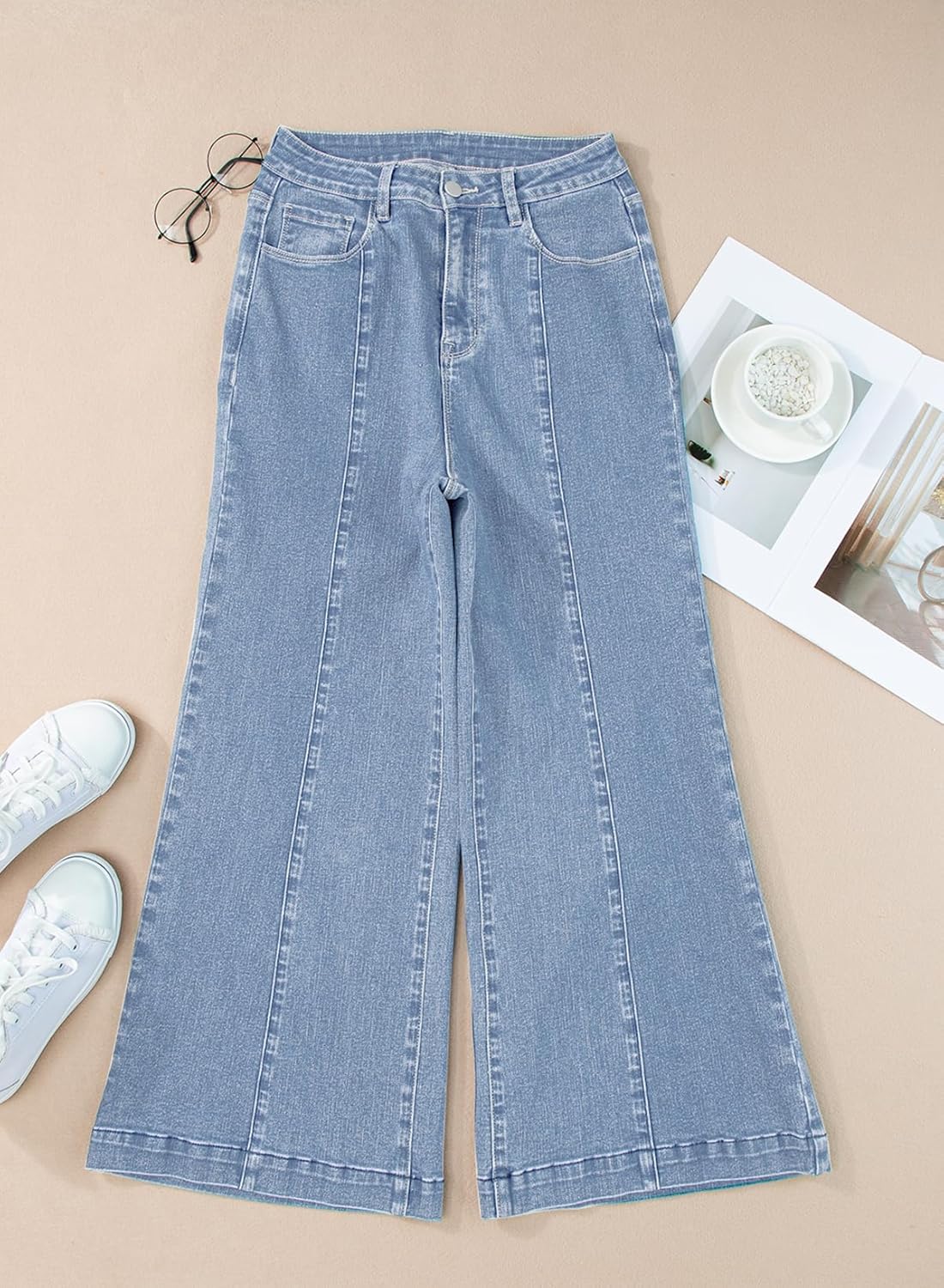 Sidefeel Womens Wide Leg Jeans High Waisted Stretchy Barrel Denim PantsLight Blue