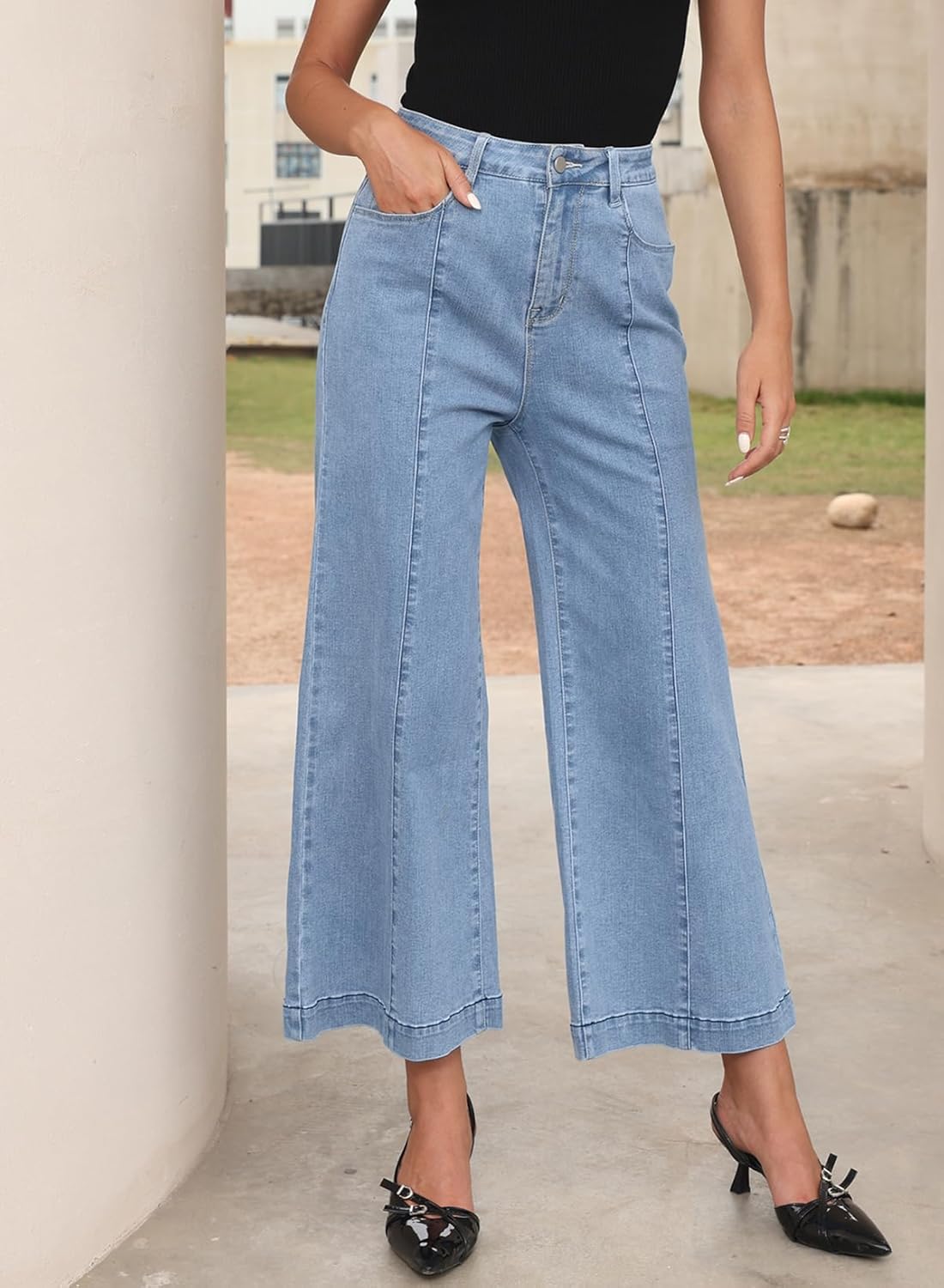 Sidefeel Womens Wide Leg Jeans High Waisted Stretchy Barrel Denim PantsLight Blue