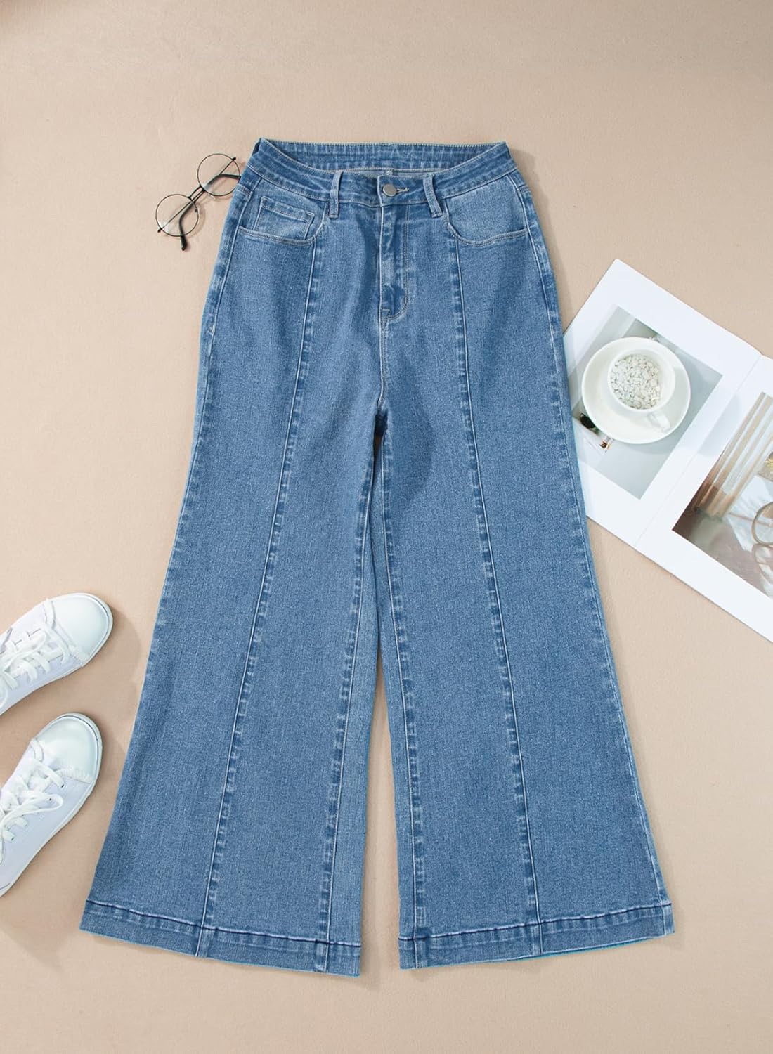 Sidefeel Womens Wide Leg Jeans High Waisted Stretchy Barrel Denim PantsSky Blue