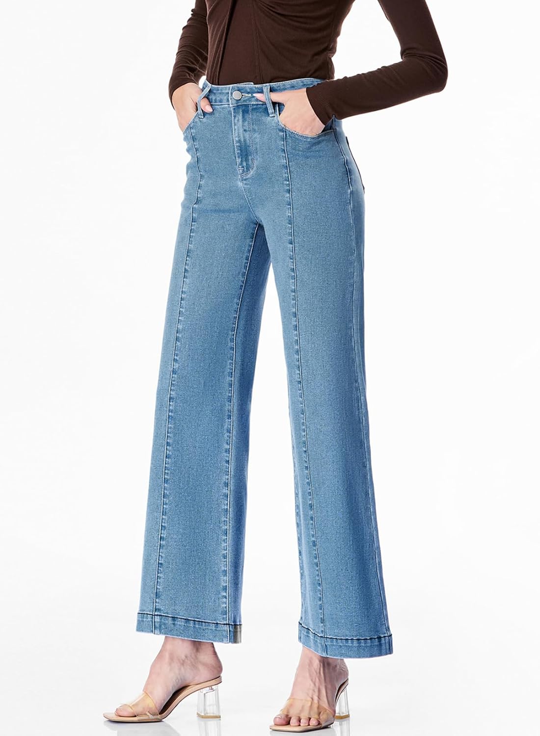 Sidefeel Womens Wide Leg Jeans High Waisted Stretchy Barrel Denim PantsSky Blue