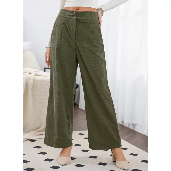 imageSidefeel Corduroy Pants for Women 2024 Casual High Waisted Double Buttoned Stretchy Loose Fit Wide Leg Pants with PocketsArmy Green