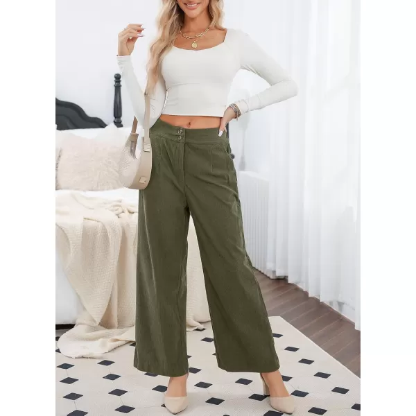 imageSidefeel Corduroy Pants for Women 2024 Casual High Waisted Double Buttoned Stretchy Loose Fit Wide Leg Pants with PocketsArmy Green