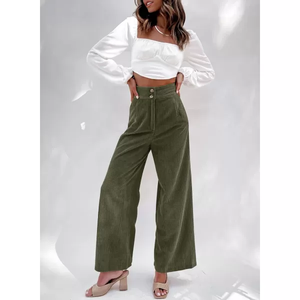 imageSidefeel Corduroy Pants for Women 2024 Casual High Waisted Double Buttoned Stretchy Loose Fit Wide Leg Pants with PocketsArmy Green