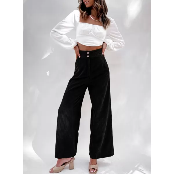 imageSidefeel Corduroy Pants for Women 2024 Casual High Waisted Double Buttoned Stretchy Loose Fit Wide Leg Pants with PocketsBlack