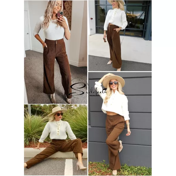 imageSidefeel Corduroy Pants for Women 2024 Casual High Waisted Double Buttoned Stretchy Loose Fit Wide Leg Pants with PocketsBrown