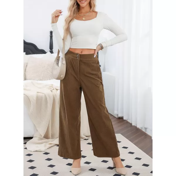 imageSidefeel Corduroy Pants for Women 2024 Casual High Waisted Double Buttoned Stretchy Loose Fit Wide Leg Pants with PocketsBrown