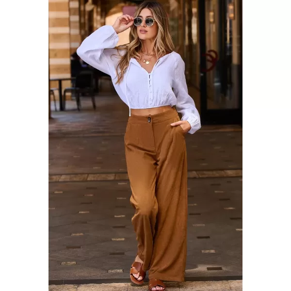 imageSidefeel Corduroy Pants for Women 2024 Casual High Waisted Double Buttoned Stretchy Loose Fit Wide Leg Pants with PocketsChestnut