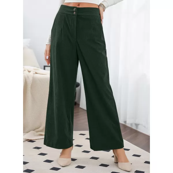 imageSidefeel Corduroy Pants for Women 2024 Casual High Waisted Double Buttoned Stretchy Loose Fit Wide Leg Pants with PocketsDark Green