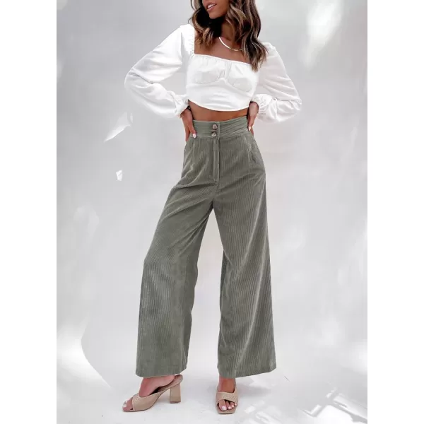 imageSidefeel Corduroy Pants for Women 2024 Casual High Waisted Double Buttoned Stretchy Loose Fit Wide Leg Pants with PocketsGray