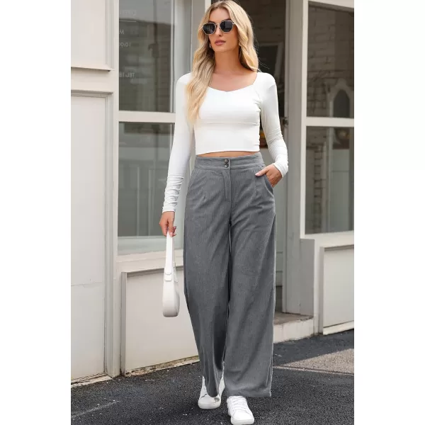 imageSidefeel Corduroy Pants for Women 2024 Casual High Waisted Double Buttoned Stretchy Loose Fit Wide Leg Pants with PocketsGrey