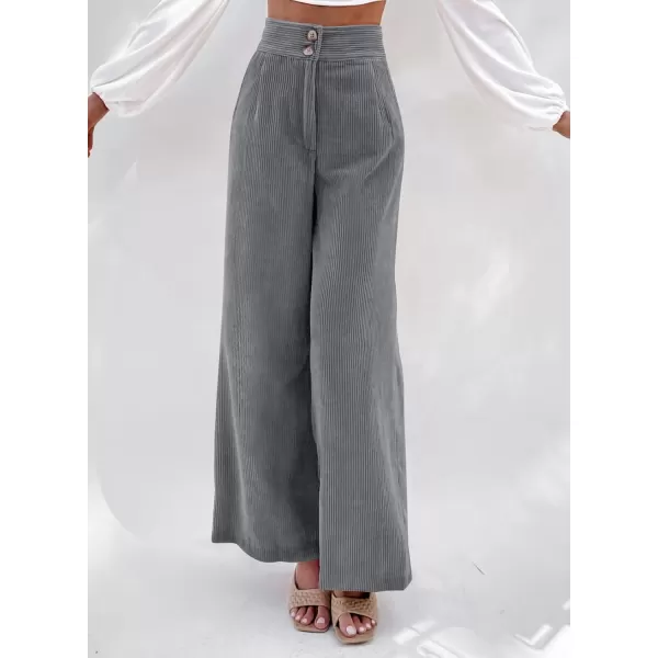 imageSidefeel Corduroy Pants for Women 2024 Casual High Waisted Double Buttoned Stretchy Loose Fit Wide Leg Pants with PocketsGrey