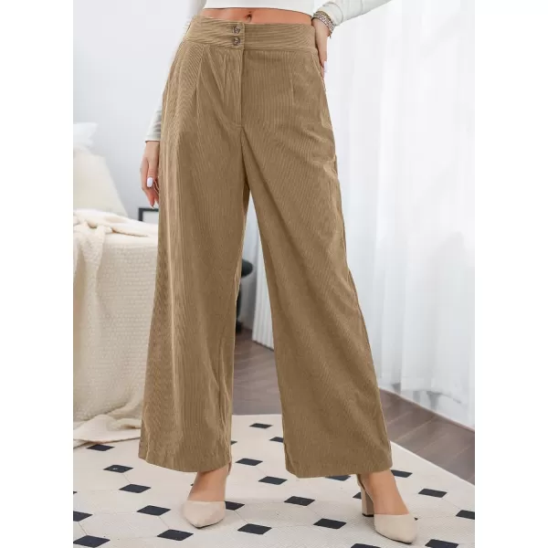 imageSidefeel Corduroy Pants for Women 2024 Casual High Waisted Double Buttoned Stretchy Loose Fit Wide Leg Pants with PocketsKhaki