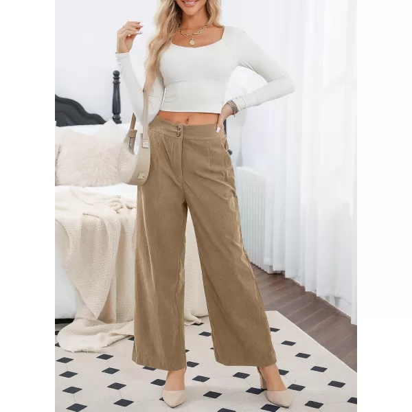 imageSidefeel Corduroy Pants for Women 2024 Casual High Waisted Double Buttoned Stretchy Loose Fit Wide Leg Pants with PocketsKhaki