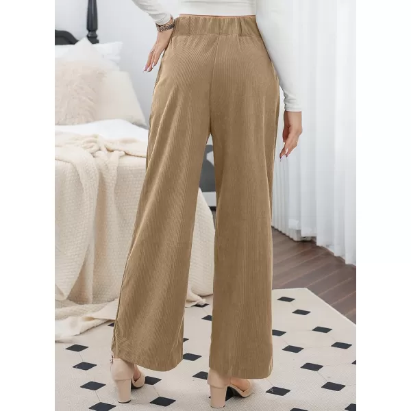 imageSidefeel Corduroy Pants for Women 2024 Casual High Waisted Double Buttoned Stretchy Loose Fit Wide Leg Pants with PocketsKhaki