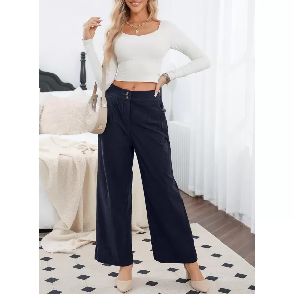 imageSidefeel Corduroy Pants for Women 2024 Casual High Waisted Double Buttoned Stretchy Loose Fit Wide Leg Pants with PocketsNavy Blue