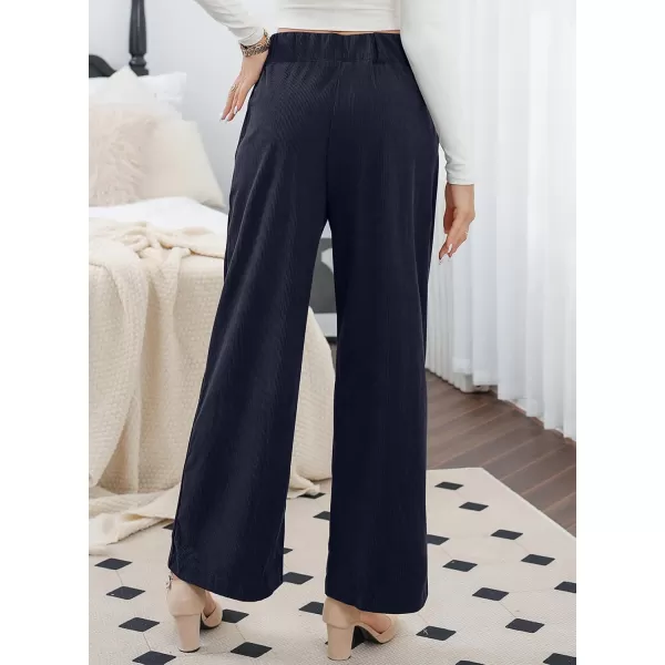 imageSidefeel Corduroy Pants for Women 2024 Casual High Waisted Double Buttoned Stretchy Loose Fit Wide Leg Pants with PocketsNavy Blue